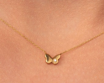 Diamond Butterfly Necklace/ 14k Gold Butterfly Necklace/ Minimalist Charm Necklace/ Dainty Diamond Butterfly Necklace