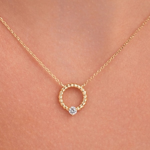 Dainty Circle Necklace, Circle Rope Pendant, 14k Solid Gold Diamond .10ct Round Necklace, Rope Circle Pendant for women, Gift for her