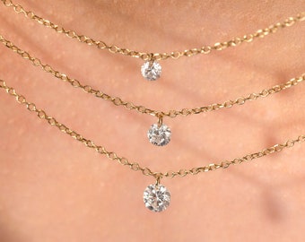 14K Solid Gold Diamond Solitaire Necklace: Dainty 360 Design