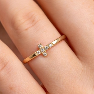 14k Gold Cross Ring and Dainty Thin Stackable Diamond Cross Ring, Christian Handmade Jewelry, Promise Pinky Ring Gift, Gift for her