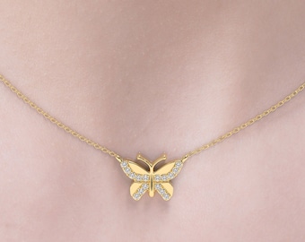 Butterfly Necklace / 14K Solid Gold Butterfly Pendant / Diamond Butterfly Necklace / Butterfly Necklace Gold Solid 14K / Gift for Her