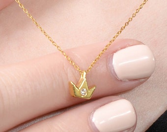14K Solid Gold Diamond Crown Necklace - Princess Charm Pendant