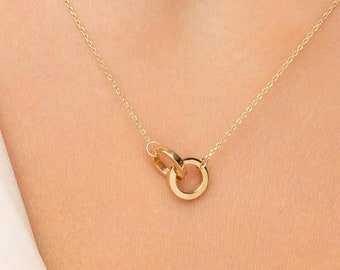 Delicado collar de doble círculo para mujer, collar de capas de oro macizo, collar de círculo entrelazado de oro rosa, regalo para ella