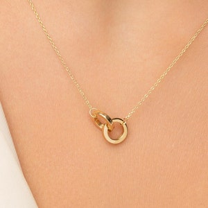 Dainty Double Circle Thick Solid Gold Necklace for Women, Solid gold layering necklace, Rose Gold Interlocking Circle Necklace, Gift for Her