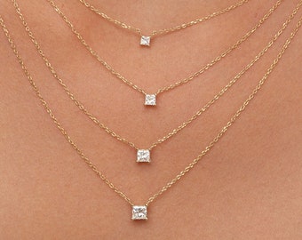 Princess Cut Diamond Solitaire Necklace: 14k Solid Gold, SI1 Diamond