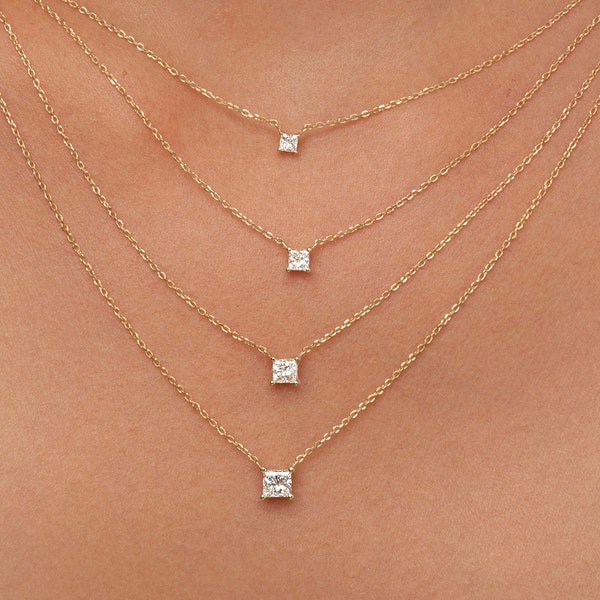 Princess cut Real Diamond Necklace / Solitaire Genuine Diamond Necklace / Dainty Diamond Bridal 14k Solid Gold Necklace / Anniversary gift