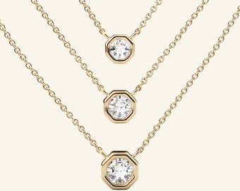 Octagon Solitaire Necklace / 14k Solid Gold Real Diamond Necklace / Octagon Cut Bezel Diamond Solitaire Necklace / Minimalist Necklace