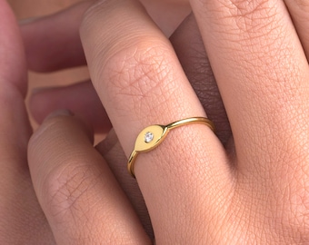 Evil Eye Diamond Ring / Dainty Evil Eye Stacking Ring / Minimalist Handmade Solid Gold Evil Eye Ring / 14k Evil Eye Protection Ring
