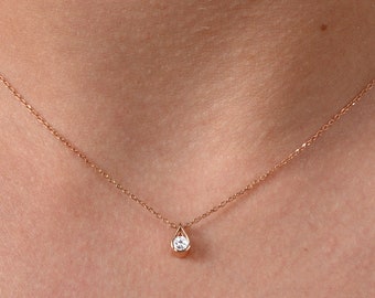 14K Solid Gold Diamant Solitär Halskette: Bezel Set Fine Jewelry
