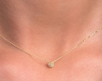 Diamond Ball Necklace, Tiny Pave Diamond Ball, Diamond Necklace, Dainty Diamond Necklace, Solid Gold Diamond Necklace, Necklace,Gift for Her