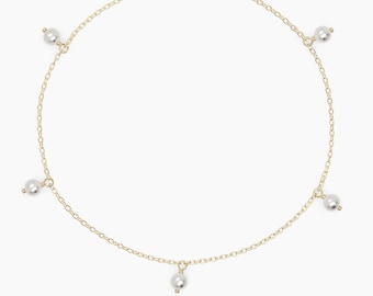 14k Solid Gold Tiny Pearl Bracelet: Dainty Hanging Freshwater Pearls