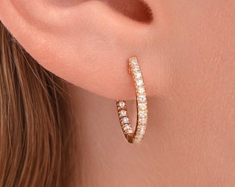 Diamond Huggies / 14k Solid Gold Diamond Earrings, 14k Huggie Hoops / Real Diamond Two Sided Earrings / Everyday Earring / Gift for Her