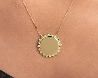 14k Solid Gold Circle Sun Pendant / Sun Pendant Necklace / Solid Gold Sun Pendant Necklace / Custom Necklace / Gold Necklaces for Women