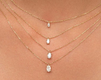 Collar de solitario de diamantes ovalados / collar de diamantes delicados de 14 k / colgante de diamantes ovalados de diamantes reales / collar de diamantes de oro macizo con ajuste de punta
