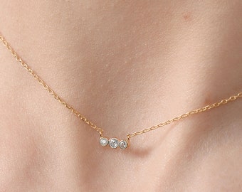 Dainty Solid Gold Diamond Necklace / Tiny Diamond Bar Necklace with Three Real Diamonds / Tiny Solid Gold Diamond Necklace/ Mothers Day Sale