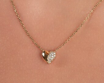 14k Gold Pave Diamond Heart Necklace: Delicate Design