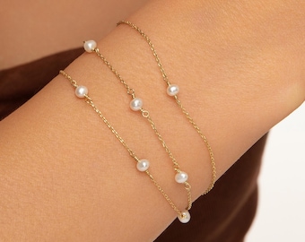 14K Solid Gold Pearl Bracelet: Dainty Freshwater Pearl Beads