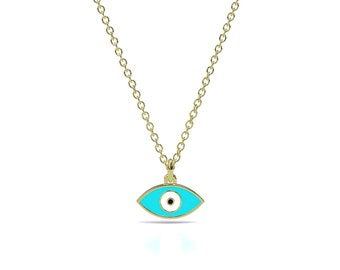 Solid Gold Evil Eye Necklace , Evil Eye Charm 14K Solid Gold, Evil Eye Pendant, Protection Necklace Charm, Greek Jewelry, Unique Gift
