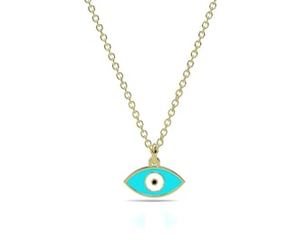 Solid Gold Evil Eye Necklace , Evil Eye Charm 14K Solid Gold, Evil Eye Pendant, Protection Necklace Charm, Greek Jewelry, Unique Gift