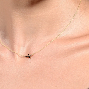 Solid Gold Small Cross Necklace, Gold Cross Necklace, Black Diamonds Cross Necklace, Gift for Her,  Gift for Her