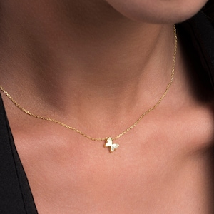 Tiny Gold Butterfly Necklace, Minimalist Gold Butterfly Pendant, Dainty 14k Solid Gold Diamond Butterfly Necklace, Gift for Her