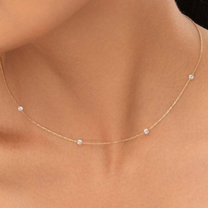 14K Diamond Chain Necklace, 14k Solid Gold Diamond Station Necklace, Dainty Diamond Gold Necklace,Gift For Her, Birthday Gift