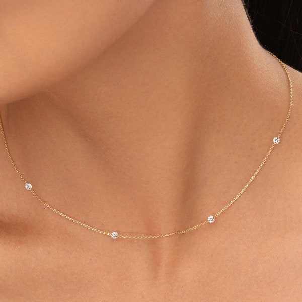 Collier chaîne de diamants pour femme / Collier diamants serti nude / Collier en or massif 14 carats par mètre / Sertissage diamant invisible