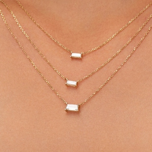 Diamond Baguette Cut Necklace for Women / 14k Real Solid Gold Genuine Diamond Necklace / Rectangular Diamond Necklace / Prong Setting