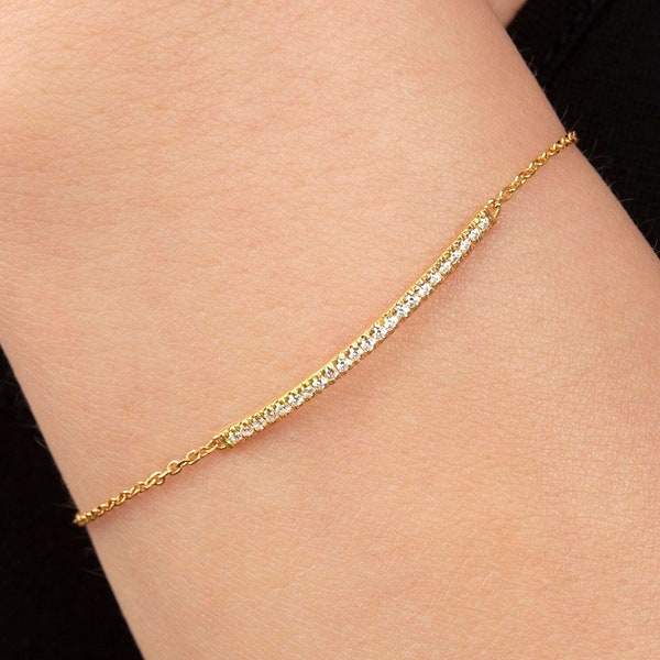 Bracelet barre de diamants / Bracelet ligne de diamants véritables en or massif 14 carats / Bracelet minimaliste essentiel à superposer / Bracelet cadeau pour la fête des Mères