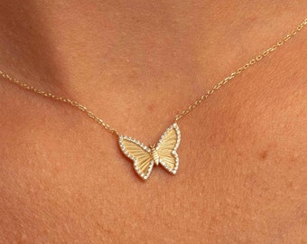 14k Solid Gold Diamond Butterfly Necklace: Minimalist Charm