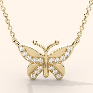 14K Solid Gold Butterfly Necklace, Tiny Butterfly Necklace, Minimalist Butterfly Necklace, Mothers Day Gift, Valentines Day Gift