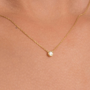 14k Diamond Necklace/ Diamond Solitaire Necklace/ Layered Diamond Necklace/ Dainty Gold Diamond Bezel Set Necklace/ Gold Solitaire Necklace