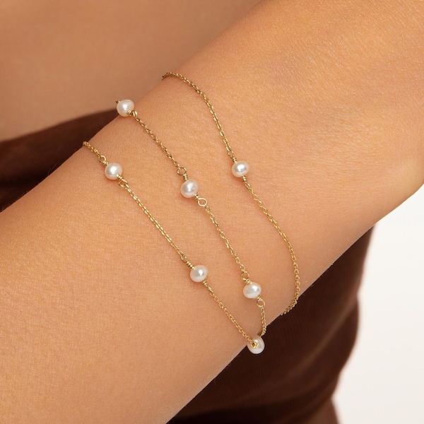 14K Solid Gold Pearl Armband, Echte Zoetwaterparel Kralen Armband, Sierlijke Multi Parel Armband, Solid Gold Armband voor vrouwen, Cadeau voor haar