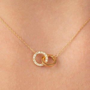 Dainty Diamond Double Circle Necklace for Women, Solid gold layering Diamond necklace, Interlocking Circle Necklace, Gift for her