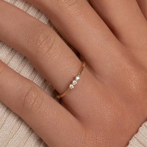 Triple Diamond Ring / 14k Wedding Gold Ring / Engagement Promise Ring / Bridesmaid Gift / Solid Gold Ring / Dainty Diamond Ring
