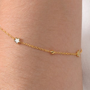 Gold Star Bracelet / 14K Gold Star Bracelet / Dainty Celestial Chain Bracelet / Double Side Star Enamel/Diamonds Bracelet / Bracelet for Mom image 2