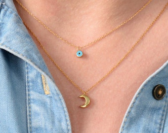 Moon Necklace / Evil Eye Necklace / 14K Solid Gold Layered Necklace / 2 in 1 Necklace Set / Layering Necklace / Gift for Her