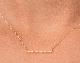 Diamond Bar Necklace / Dainty Solid Gold Bar Necklace with Diamonds/ 14k Solid Gold Diamond Bar Necklace/ Gift for Her / Holiday Sale