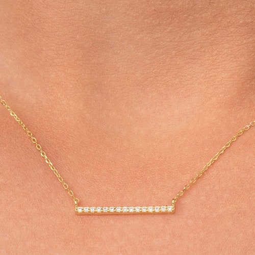 Bar Diamond Necklace / 14K Solid Gold Curved Bar Diamond Etsy