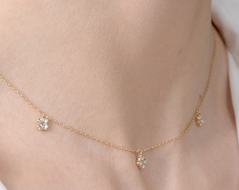 14k Flower Diamond Necklace / 14k Gold Clover Necklace / Diamond Cluster Necklace / Unique Necklace, Gift for her, Solitaire Necklace