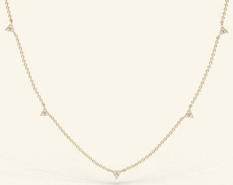 14k Solid Gold Station Necklace / Trio Diamond Satelite Necklace / Clover Diamond Necklace by the Yard / Mother's Day Gift