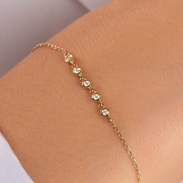 Bracelet diamants serti clos en or 14 carats / Bracelet diamants pour femme / Bracelet diamant solitaire en or 14 carats / Cadeau pour elle