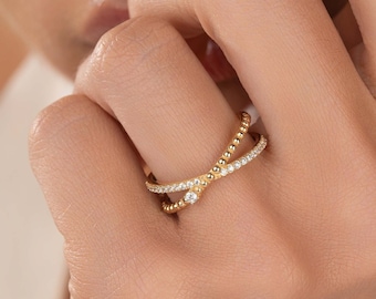 Anillo de banda de boda de diamantes / Anillo X de oro macizo de 14 k para mujer / Anillo de diamantes brillante redondo con ajuste de punta / Anillo blanco, amarillo y rosa de 14 k