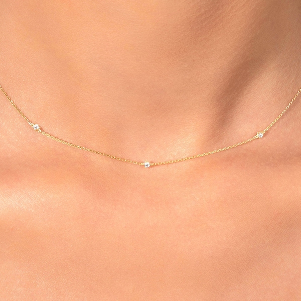 Zierliche Diamant-Halskette, kleine Diamant-Halskette, Diamant-Solitär-Halskette, 14k Solid Gold-Halskette für Frauen, Geschenk für Sie