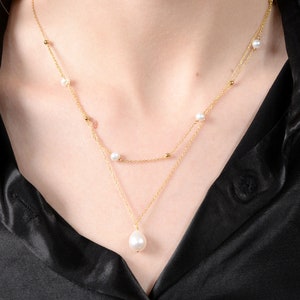 14k diamanten parelketting / 14k gouden ketting / sierlijke diamanten ketting / Unieke ketting / Ideeën verjaardagscadeau / Solitaire-ketting - EU