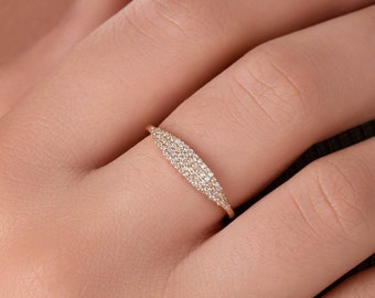 14k Solid Gold Pave Diamond Signet Ring: Dainty Minimalist Style
