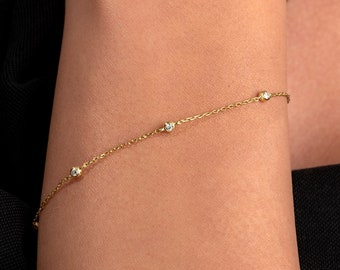 14k Gold Two-Sided Diamond Bracelet / Both-Sided Diamond by the Yard Bracelet / Double Sided Solitaire Diamond Bracelet / Gift for Her