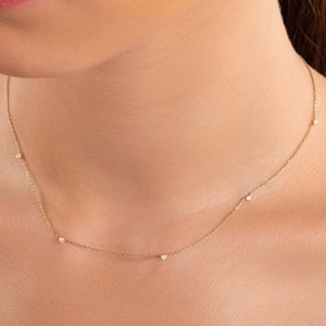 14k Diamond Station Necklace / 5 Diamond Choker Necklace / Diamond by the Yard Dainty Necklace / Dainty Minimalist Diamond Jewelry for Women
