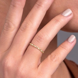 14k Gold Diamond Beaded Ring, Thin Stacking Ring