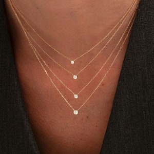 14K Gold Diamond Necklace, Attached Diamond On Chain, Diamond Solitaire Necklace, Bridesmaid Necklace, Diamond Necklace, 14k Gold Jewelry